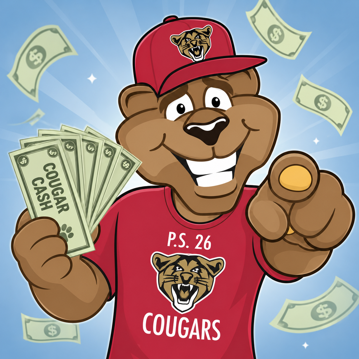 P.S. 26 Cougars mascot holding Cougar Cash